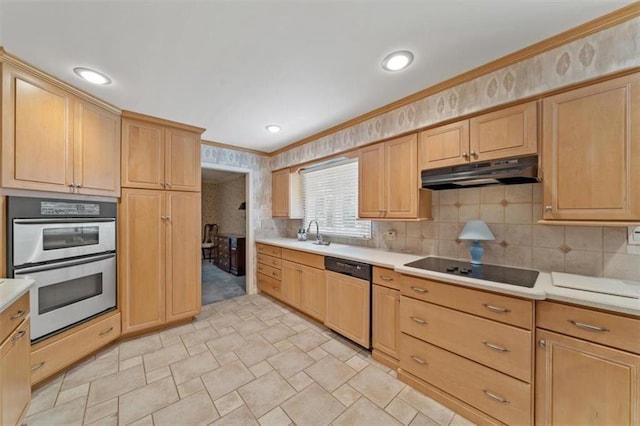 5211 W 79th Ter, Prairie Village, KS 66208 - kitchen featuring dishwasher, under cabinet range hood, stainless steel double oven, ornamental molding, and light brown cabinets