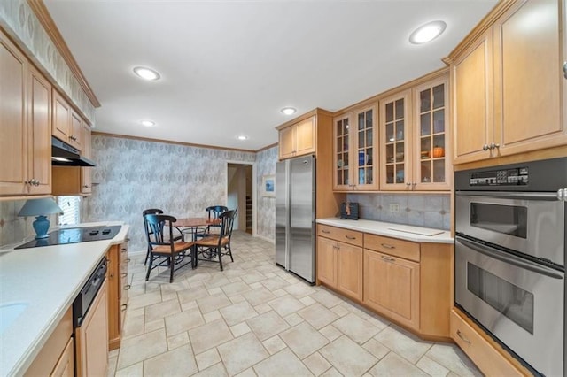 5211 W 79th Ter, Prairie Village, KS 66208 - kitchen featuring appliances with stainless steel finishes, wallpapered walls, light countertops, under cabinet range hood, and crown molding