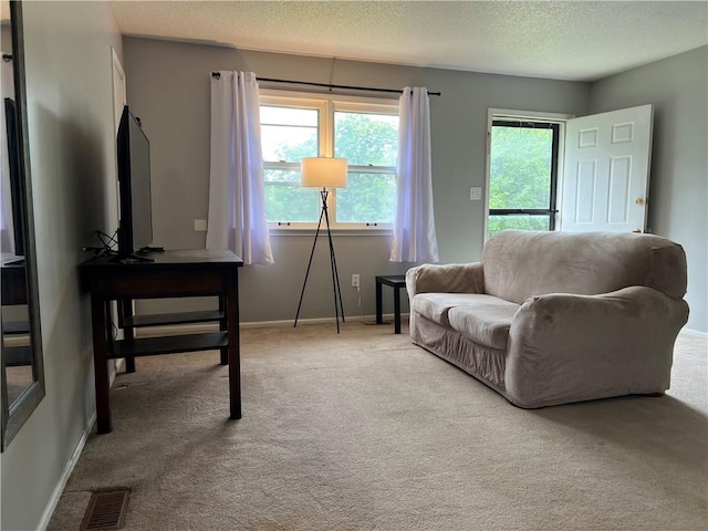 1423 Hickory St, Atchison, KS 66002 - carpeted living area with a textured ceiling and baseboards