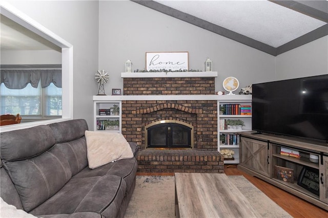 1005 SE Alice St, Blue Springs, MO 64014 - living room featuring wood finished floors, lofted ceiling, and a fireplace