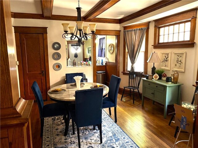 4020 Campbell St, Kansas City, MO 64110 - dining space featuring a chandelier, wood finished floors, and beam ceiling