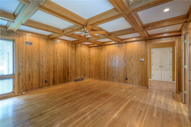 9015 Outlook Dr, Overland Park, KS 66207 - spare room featuring coffered ceiling, beamed ceiling, light wood-style floors, ceiling fan, and wood walls