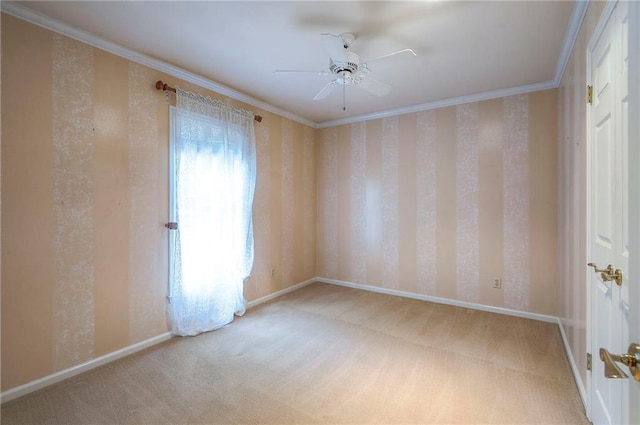 9015 Outlook Dr, Overland Park, KS 66207 - spare room featuring ceiling fan, carpet, wallpapered walls, and crown molding