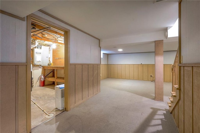 9015 Outlook Dr, Overland Park, KS 66207 - finished below grade area with wooden walls, carpet flooring, and wainscoting
