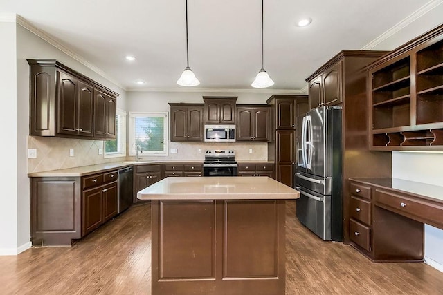 16211 S Locust St, Olathe, KS 66062 - kitchen featuring appliances with stainless steel finishes, dark brown cabinets, a center island, dark wood-style floors, and crown molding