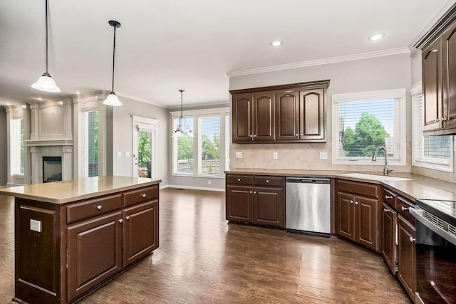 16211 S Locust St, Olathe, KS 66062 - kitchen featuring appliances with stainless steel finishes, dark brown cabinetry, dark wood finished floors, backsplash, and crown molding
