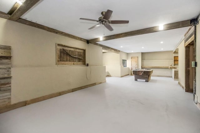 16211 S Locust St, Olathe, KS 66062 - recreation room with beam ceiling, ceiling fan, recessed lighting, and concrete floors