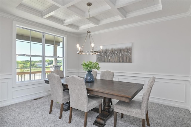 6122 Lewis Dr, Shawnee, KS 66226 - carpeted dining space featuring coffered ceiling, beam ceiling, a chandelier, a decorative wall, and crown molding