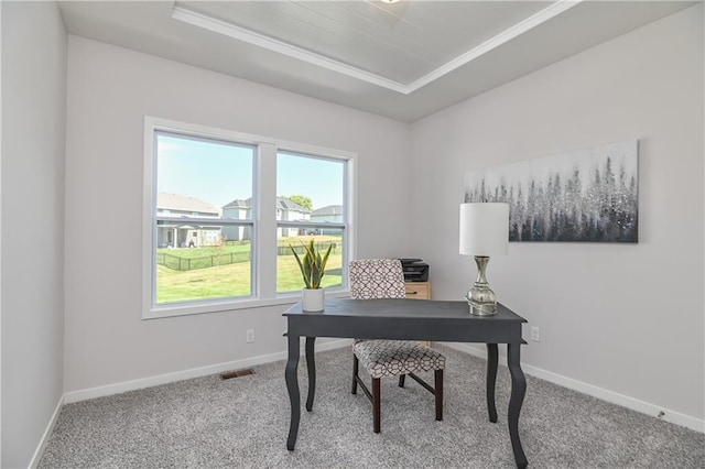 6122 Lewis Dr, Shawnee, KS 66226 - office area featuring a raised ceiling, carpet floors, and ornamental molding