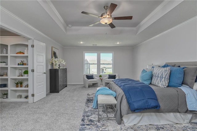 6122 Lewis Dr, Shawnee, KS 66226 - carpeted bedroom with a tray ceiling, ornamental molding, and ceiling fan