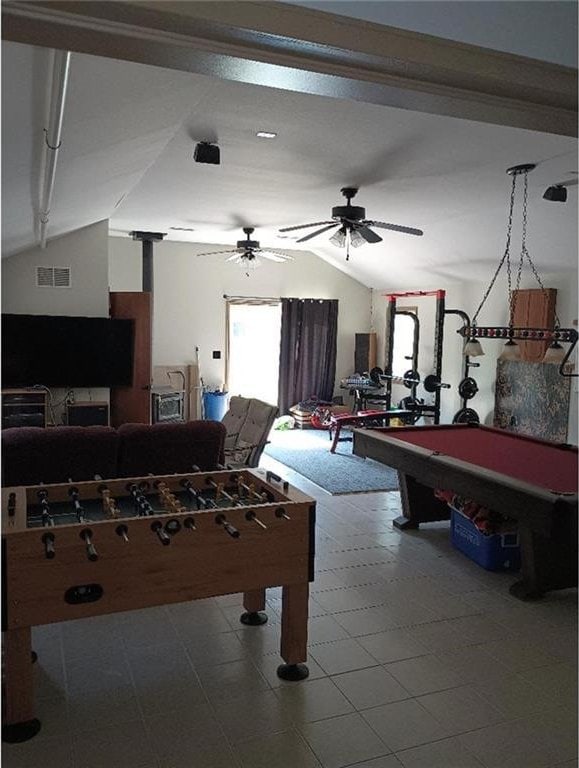 1712 S Hands St, Independence, MO 64055 - game room with vaulted ceiling, billiards, ceiling fan, and tile patterned floors
