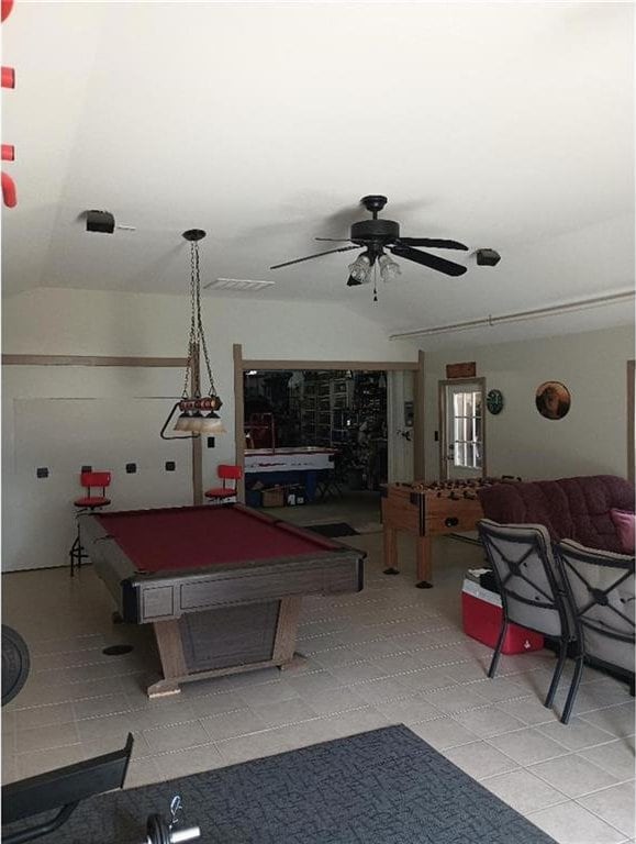1712 S Hands St, Independence, MO 64055 - game room featuring billiards table, a ceiling fan, lofted ceiling, and tile patterned floors