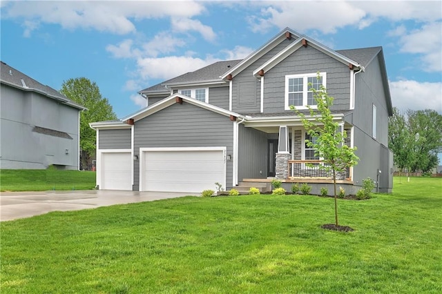6118 Lewis Dr, Shawnee, KS 66226 - craftsman house featuring a porch, concrete driveway, a front yard, and a garage