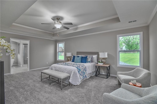 6118 Lewis Dr, Shawnee, KS 66226 - bedroom featuring a raised ceiling, carpet, crown molding, a ceiling fan, and ensuite bathroom
