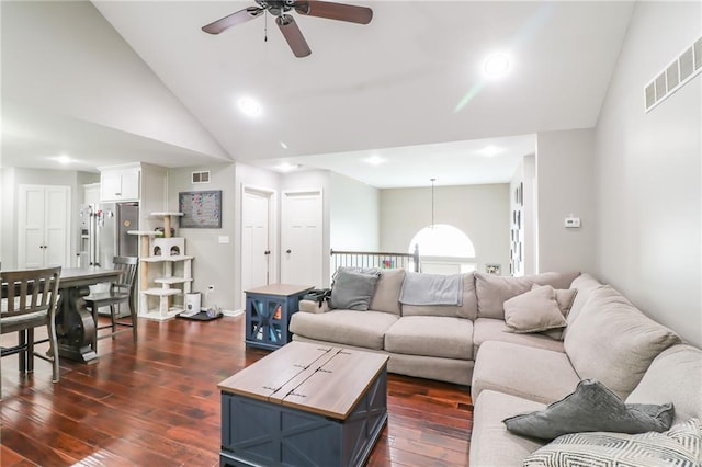 968 E Market St, Warrensburg, MO 64903 - living area featuring a ceiling fan, dark wood-style floors, recessed lighting, and high vaulted ceiling
