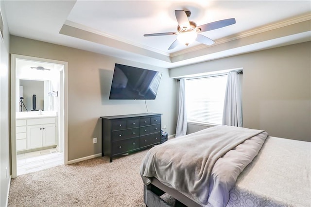 968 E Market St, Warrensburg, MO 64903 - bedroom with crown molding, carpet floors, ensuite bathroom, a raised ceiling, and ceiling fan
