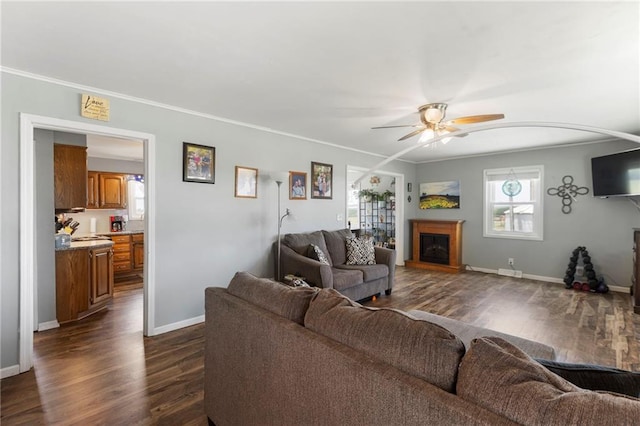24245 K 68 Hwy, Paola, KS 66071 - living area with dark wood-style flooring, ceiling fan, a glass covered fireplace, and crown molding