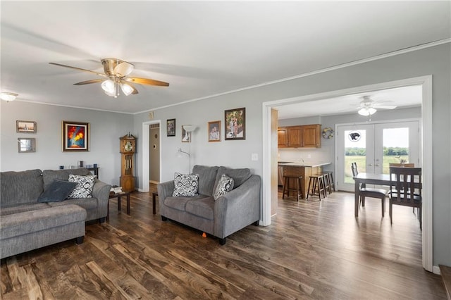24245 K 68 Hwy, Paola, KS 66071 - living room with ceiling fan, french doors, dark wood-style flooring, and ornamental molding