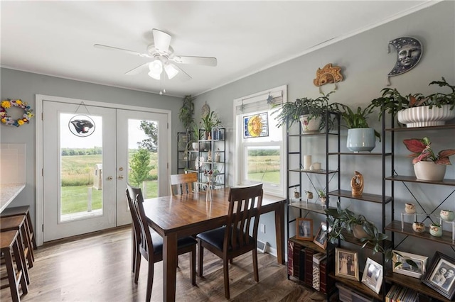 24245 K 68 Hwy, Paola, KS 66071 - dining space featuring healthy amount of natural light, a ceiling fan, french doors, ornamental molding, and wood finished floors