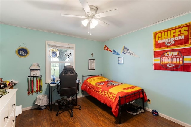 24245 K 68 Hwy, Paola, KS 66071 - bedroom with wood finished floors, crown molding, and ceiling fan