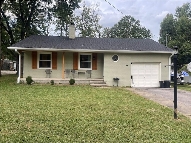 400 N Institute St, Richmond, MO 64085 - ranch-style home featuring covered porch, an attached garage, driveway, brick siding, and a chimney