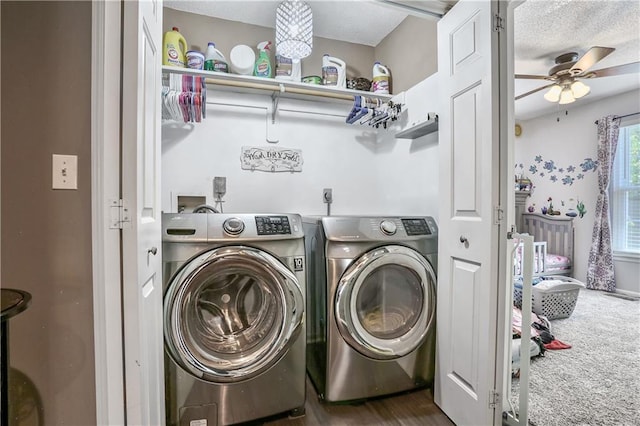 1641 N Hunter Dr, Olathe, KS 66061 - washroom featuring separate washer and dryer, ceiling fan, and carpet floors