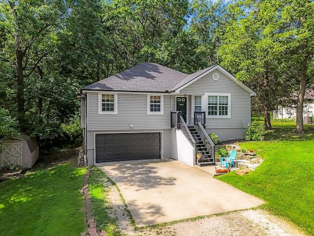 118 SE 215th Rd, Warrensburg, MO 64093 - ranch-style house featuring driveway, a garage, a front yard, a shed, and roof with shingles