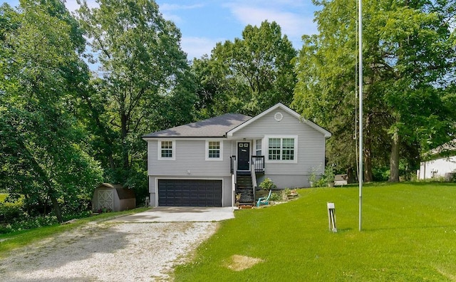 118 SE 215th Rd, Warrensburg, MO 64093 - view of front of property featuring gravel driveway, a shed, an attached garage, and a front lawn