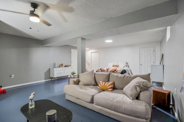 118 SE 215th Rd, Warrensburg, MO 64093 - living room with a textured ceiling, concrete flooring, a ceiling fan, and recessed lighting