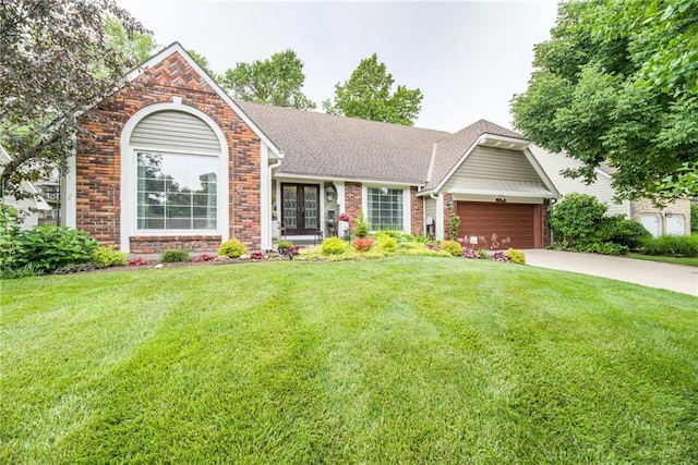 8404 Rosehill Rd, Lenexa, KS 66215 - view of front of home with brick siding, concrete driveway, a garage, and a front yard