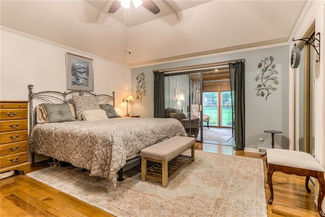 8404 Rosehill Rd, Lenexa, KS 66215 - bedroom featuring wood finished floors, access to outside, crown molding, and a ceiling fan