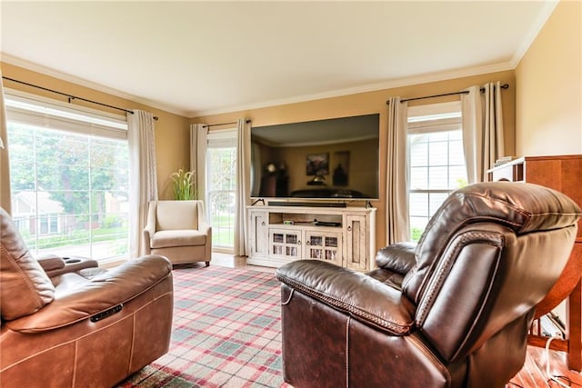 8404 Rosehill Rd, Lenexa, KS 66215 - living room featuring plenty of natural light, ornamental molding, and carpet flooring