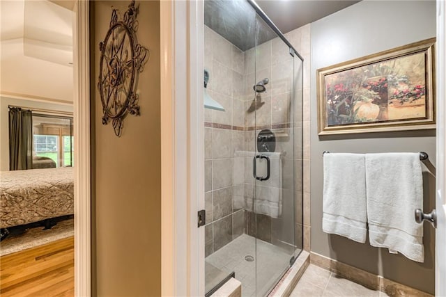 8404 Rosehill Rd, Lenexa, KS 66215 - full bathroom featuring connected bathroom, a stall shower, and tile patterned flooring