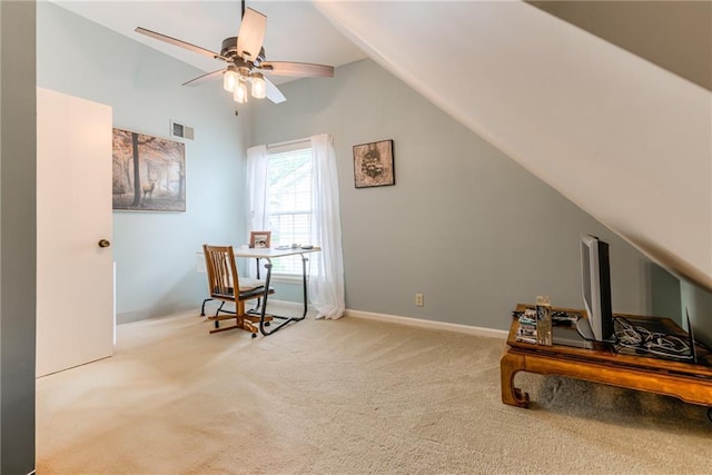 8404 Rosehill Rd, Lenexa, KS 66215 - living area with lofted ceiling, carpet, a ceiling fan, and a desk