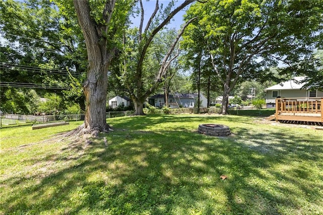 8918 Switzer St, Overland Park, KS 66214 - fenced backyard with an outdoor fire pit and a wooden deck