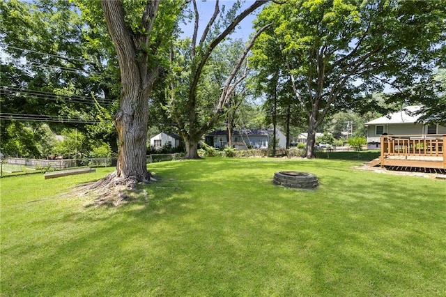 8918 Switzer St, Overland Park, KS 66214 - fenced yard with a fire pit and a wooden deck
