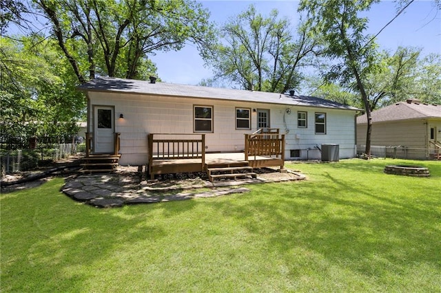 8918 Switzer St, Overland Park, KS 66214 - back of property with a wooden deck and an outdoor fire pit
