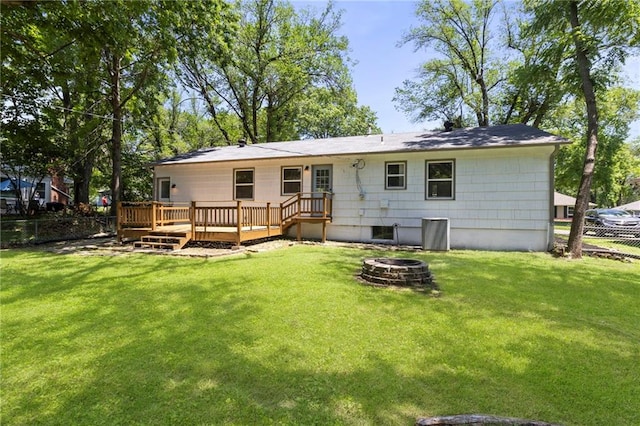 8918 Switzer St, Overland Park, KS 66214 - rear view of house featuring a wooden deck and a fire pit