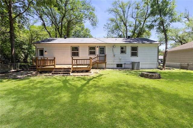 8918 Switzer St, Overland Park, KS 66214 - rear view of house with a wooden deck and an outdoor fire pit
