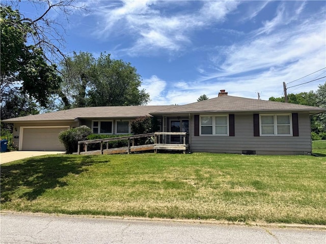 106 Northview Dr, Excelsior Springs, MO 64024 - ranch-style house featuring an attached garage, driveway, a front lawn, and a chimney