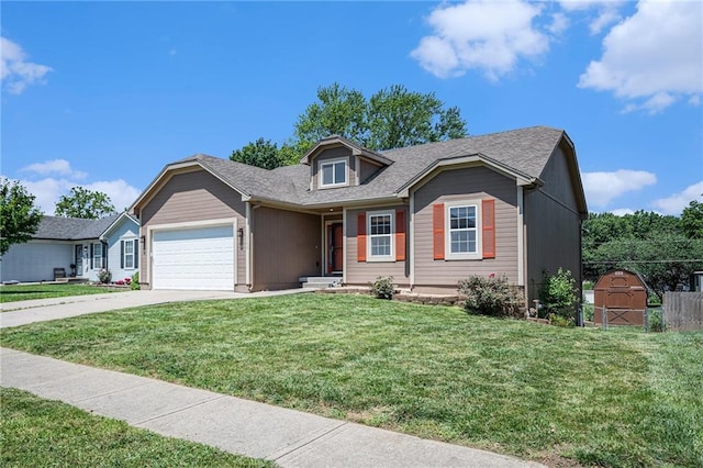 19208 E Lynchburg Pl, Independence, MO 64058 - view of front of home featuring an attached garage, concrete driveway, a front yard, and a shingled roof