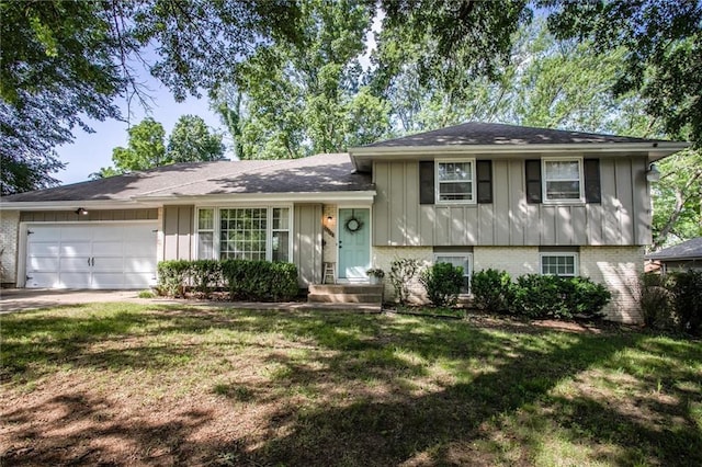 12508 Valley Brook Dr, Grandview, MO 64030 - split level home featuring board and batten siding, an attached garage, brick siding, and a front yard
