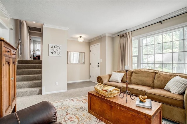 12508 Valley Brook Dr, Grandview, MO 64030 - carpeted living room with stairs and ornamental molding