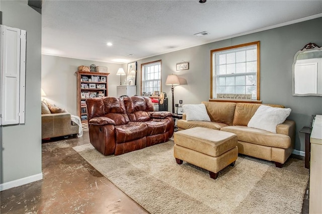 12508 Valley Brook Dr, Grandview, MO 64030 - living room with concrete floors, crown molding, a textured ceiling, and recessed lighting