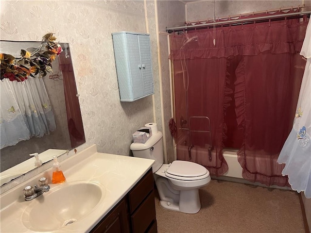 409 S Buckeye St, Iola, KS 66749 - full bathroom with vanity, shower / bath combination with curtain, and wallpapered walls