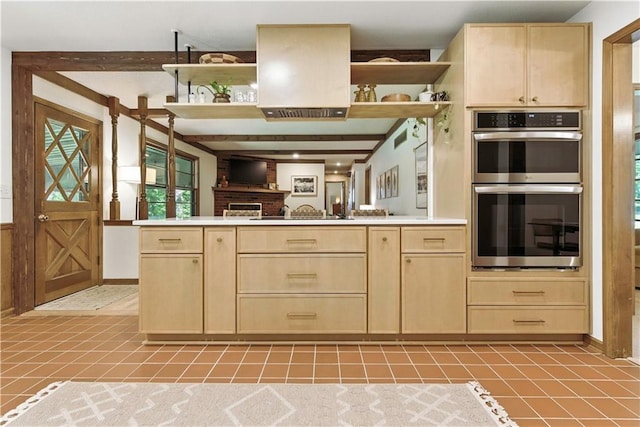 7100 Antioch Rd, Merriam, KS 66204 - kitchen featuring double oven, light brown cabinets, open shelves, and light tile patterned floors