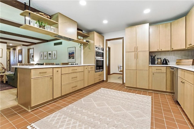 7100 Antioch Rd, Merriam, KS 66204 - kitchen featuring light brown cabinetry, open shelves, a peninsula, stainless steel double oven, and light tile patterned flooring