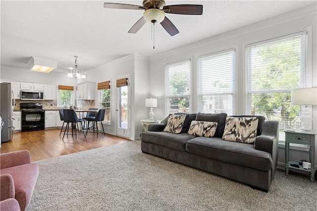 14162 W 150th Ct, Olathe, KS 66062 - living area featuring crown molding, a chandelier, ceiling fan, and wood finished floors