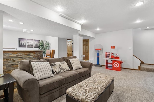 14162 W 150th Ct, Olathe, KS 66062 - living room featuring carpet floors, a textured ceiling, and recessed lighting