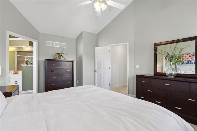 14162 W 150th Ct, Olathe, KS 66062 - bedroom featuring high vaulted ceiling, connected bathroom, and a ceiling fan